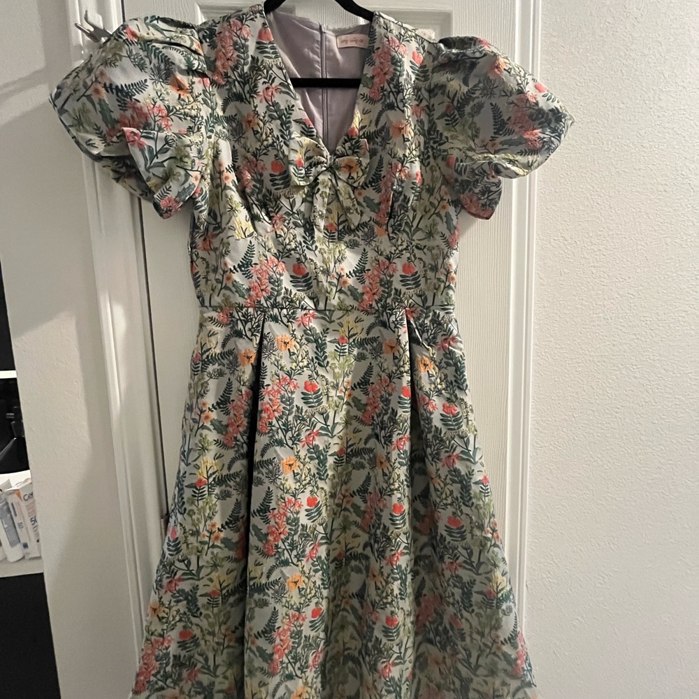 Ivy City Co Mint Green Floral Puff-Sleeve Dress with Pink & Yellow Blooms
